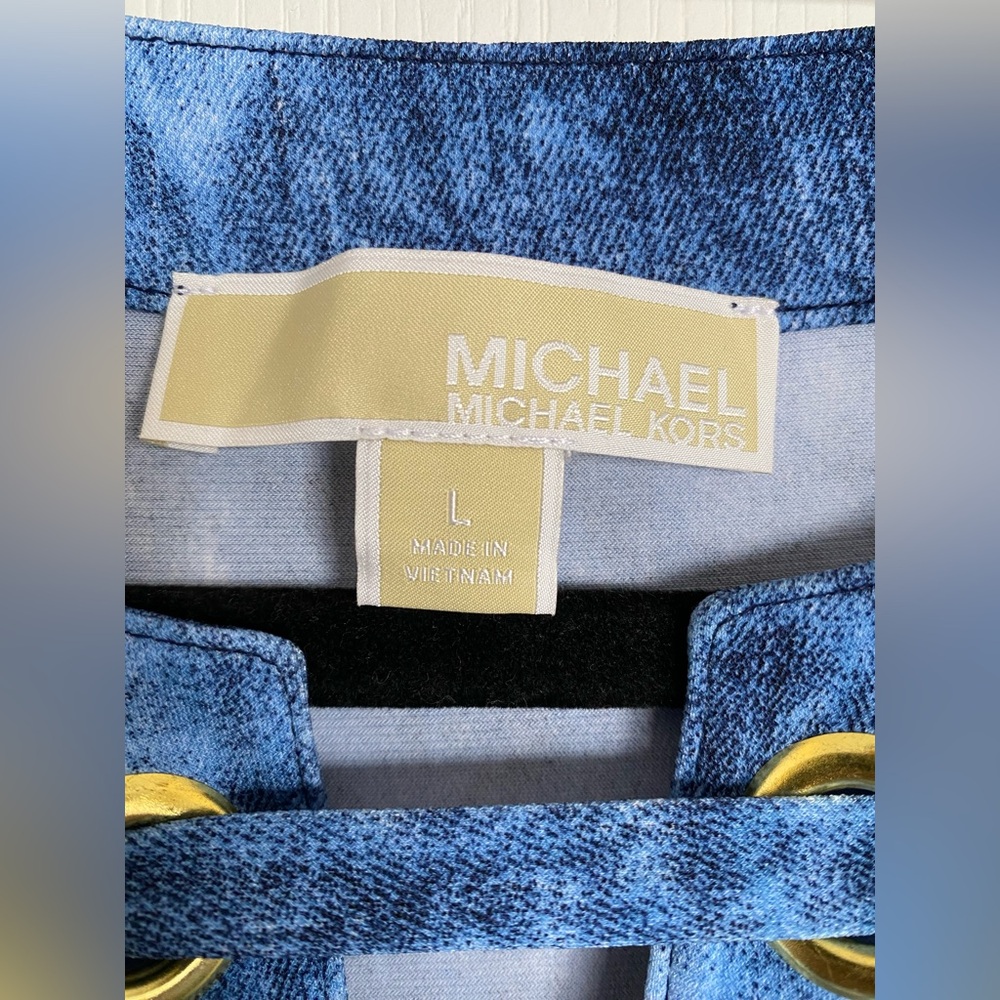 MICHAEL KORS Sleeveless Tie Dyed Denim Blue Lace Up Neck Tank Mini Dress Size L - Picture 5 of 14